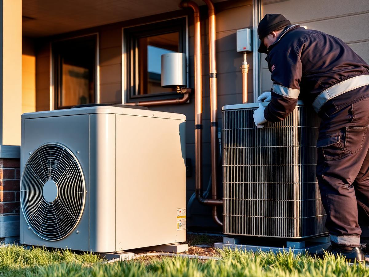 Instalador de CLIMATSOL conectando una bomba de calor de aerotermia junto a una vivienda