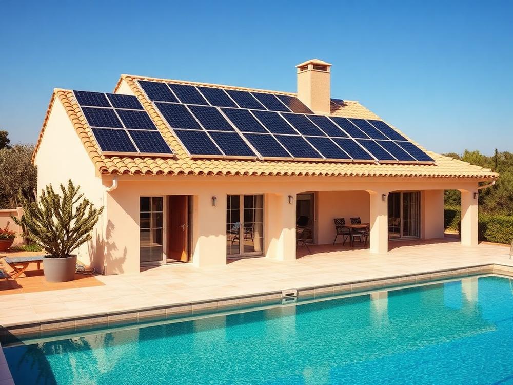 Captadores solares térmicos en la cubierta de una vivienda con piscina en Santomera